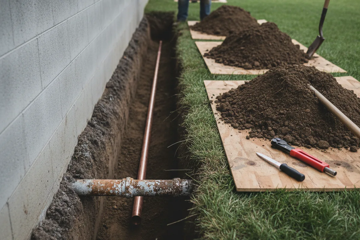Excavated water line trench during Sewer Line Repair in Mayer